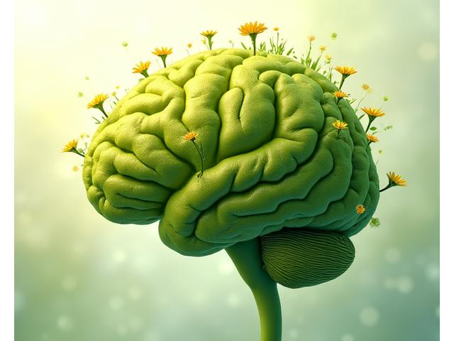 Cerebro estilizado y hojas de plantas en composición inspiradora
