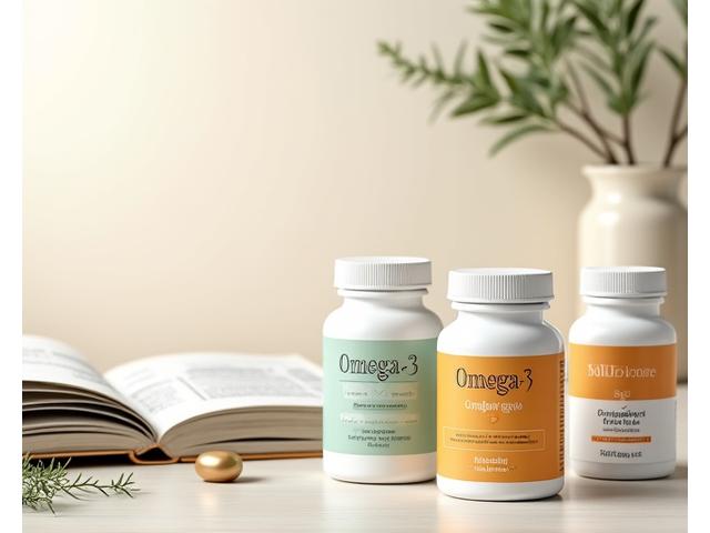 Frascos de suplementos naturales como omega-3, ginkgo biloba y bacopa monnieri sobre una mesa de madera, con un libro abierto de neurociencia en el fondo