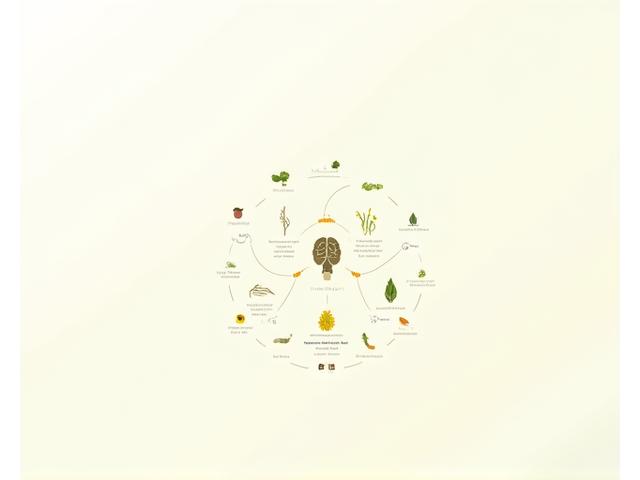 Infografía artística que ilustra la conexión cuerpo-mente con iconos de órganos (cerebro, corazón, intestino) interconectados por líneas de energía, rodeados de alimentos frescos y suplementos. Predominan colores cálidos como el verde primario, amarillo secundario y tonos tierra, con una estética visual limpia y moderna que sugiere equilibrio y armonía.